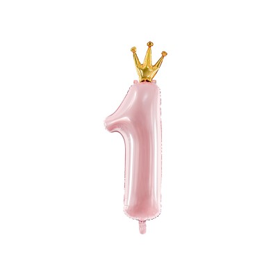BALLON ALU CHIFFRE 1 COURONNE 30X90CM ROSE CLAIR