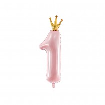 BALLON ALU CHIFFRE 1 COURONNE 30X90CM ROSE CLAIR