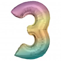 BALLON ALU CHIFFRE 3 ARC-EN-CIEL PASTEL 86CM