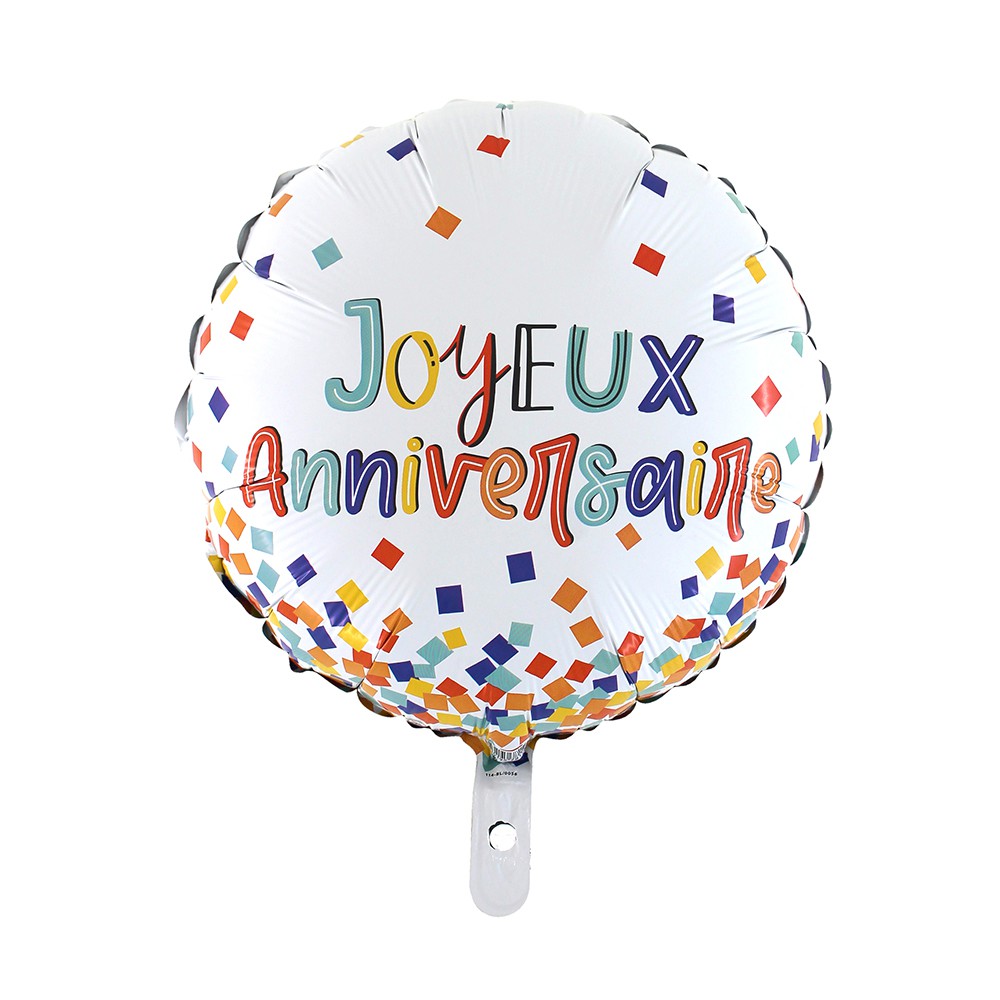 BALLON ALU ROND ANNIVERSAIRE CONFETTIS 46CM BLANC