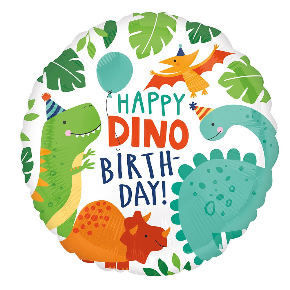 BALLON ALU ROND ANNIVERSAIRE DINOSAURE 43CM