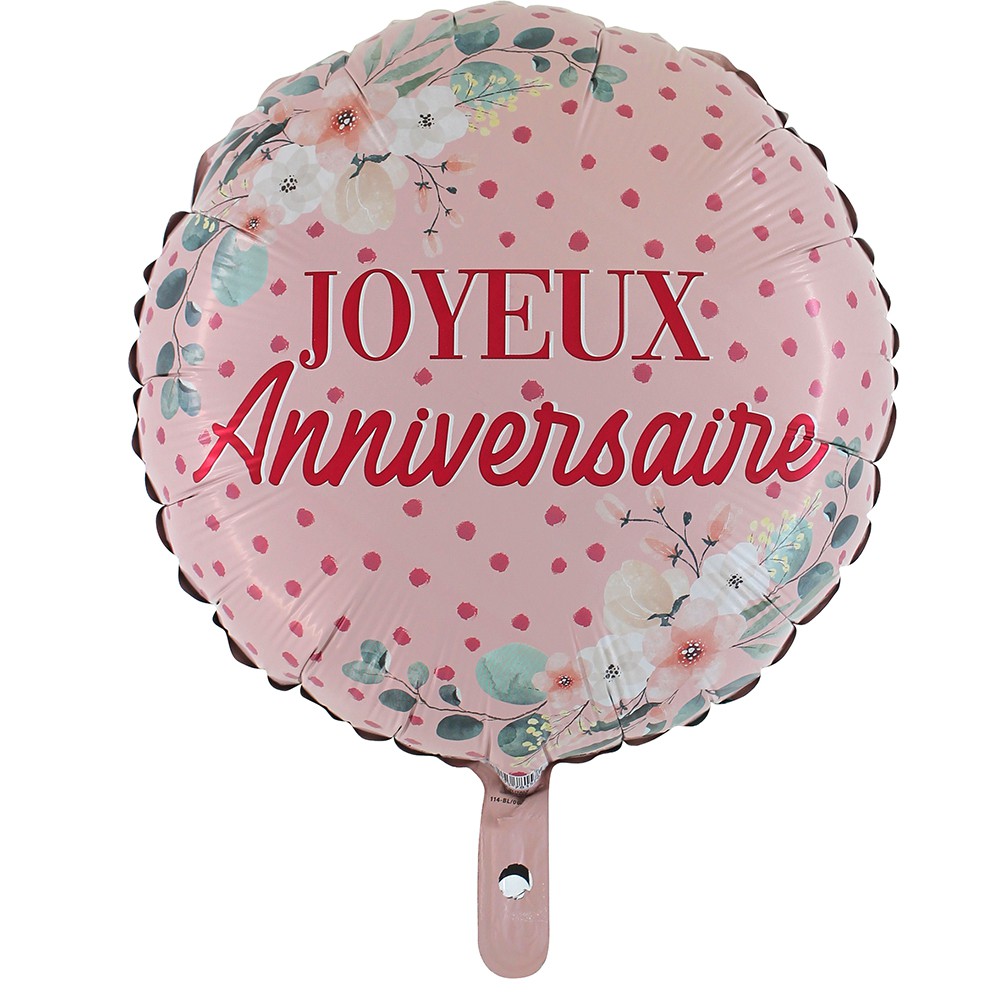 BALLON ALU ROND ANNIVERSAIRE FLEURS 46CM ROSE