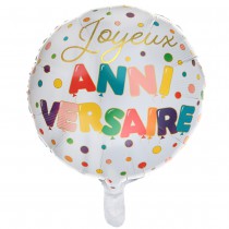 BALLON ALU ROND ANNIVERSAIRE POIS COLORÉ Ø45CM