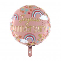 BALLON ALU ROND BOHO JOYEUX ANNIVERSAIRE 46CM ROSE