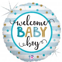 BALLON ALU ROND RAYÉ BLEU WELCOME BABY BOY 46CM