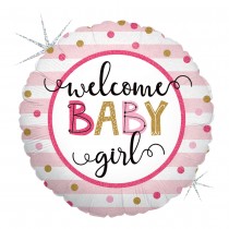 BALLON ALU ROND RAYÉ ROSE WELCOME BABY GIRL 46CM