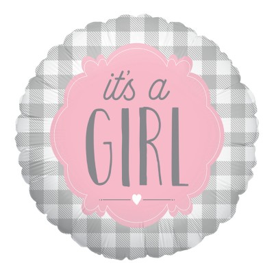 BALLON ALU ROND TARTAN ROSE IT\'S A GIRL 46CM
