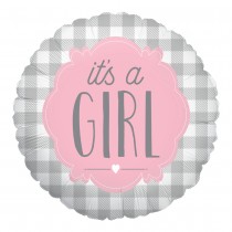 BALLON ALU ROND TARTAN ROSE IT\'S A GIRL 46CM