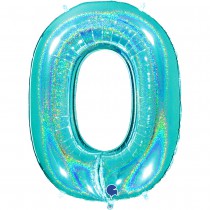 BALLON ALU TURQUOISE CHIFFRE 0 HOLOGRAPHIQUE 102CM