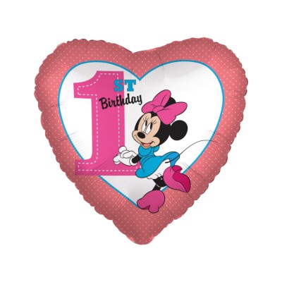 BALLON ALUMINIUM C?\'UR 1ER ANNIVERSAIRE MINNIE 43CM