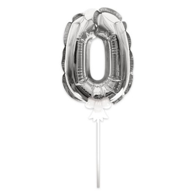 BALLON CHIFFRE 0 TIGE PAPIER GÂTEAU 15CM ARGENT