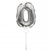 BALLON CHIFFRE 0 TIGE PAPIER GÂTEAU 15CM ARGENT