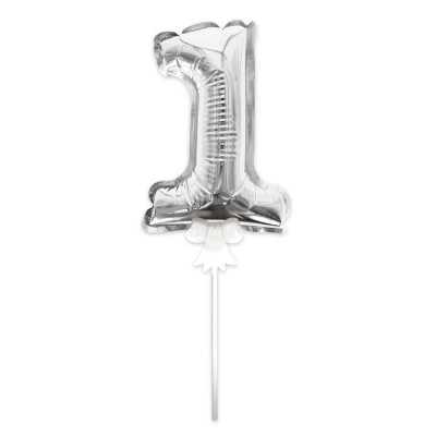 BALLON CHIFFRE 1 TIGE PAPIER GÂTEAU 15CM ARGENT