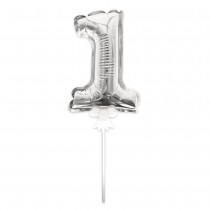BALLON CHIFFRE 1 TIGE PAPIER GÂTEAU 15CM ARGENT