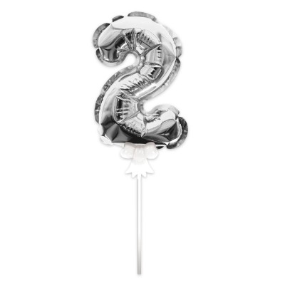 BALLON CHIFFRE 2 TIGE PAPIER GÂTEAU 15CM ARGENT