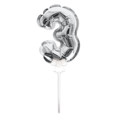 BALLON CHIFFRE 3 TIGE PAPIER GÂTEAU 15CM ARGENT