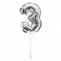 BALLON CHIFFRE 3 TIGE PAPIER GÂTEAU 15CM ARGENT