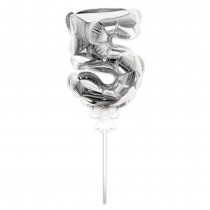 BALLON CHIFFRE 5 TIGE PAPIER GÂTEAU 15CM ARGENT