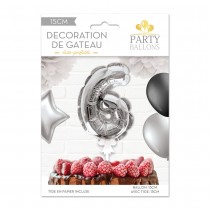 BALLON CHIFFRE 6 TIGE PAPIER GÂTEAU 15CM ARGENT