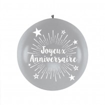 BALLON GÉANT LATEX JOYEUX ANNIVERSAIRE 1M ARGENT