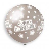 BALLON GÉANT ROND BIO ANNIVERSAIRE 80CM ARGENT