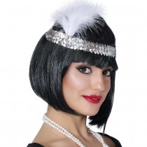 BANDEAU CHARLESTON SEQUINS PLUMES 20CM ARGENT