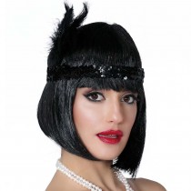 BANDEAU CHARLESTON SEQUINS PLUMES 20CM NOIR