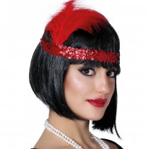 BANDEAU CHARLESTON SEQUINS PLUMES 20CM ROUGE