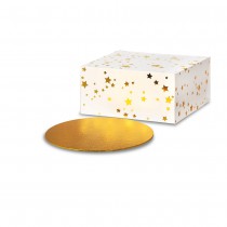 BOÎTE À GÂTEAU ÉTOILES 26 X 26CM + SUPPORT OR