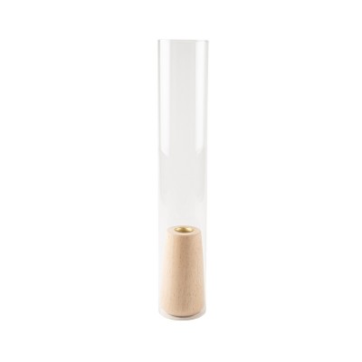 BOUGEOIR PHOTOPHORE TUBE VERRE BASE BOIS 38CM