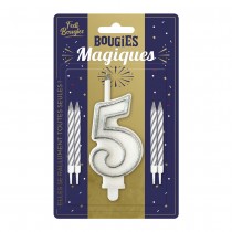 BOUGIES CHIFFRE 5 MÈCHE MAGIQUE 11CM BLANC