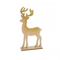 CERF SOCLE BOIS PAILLETTES OR 40.5X21X6.5CM NATURE