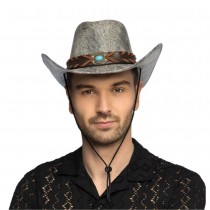 CHAPEAU COWBOY DAIM GRIS LANIÈRE TRESSÉE ADULTE