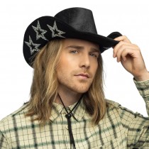 CHAPEAU DE COWBOY NOIR ÉTOILE STRASS ARGENT ADULTE