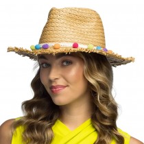 CHAPEAU PANAMA PAILLE BOHÈME PLAGE POMPONS ADULTE