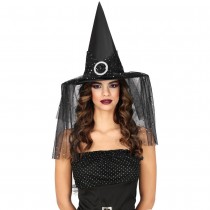 CHAPEAU SORCIÈRE VOILE ÉTOILES ARGENT MÉTAL FEMME
