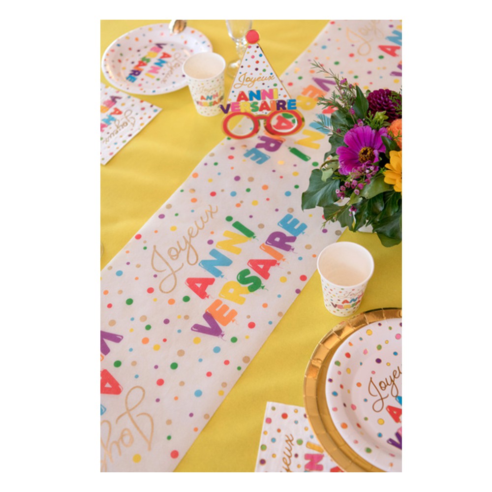 CHEMIN DE TABLE INTISSÉ ANNIVERSAIRE POIS COLORE 28CMX3M