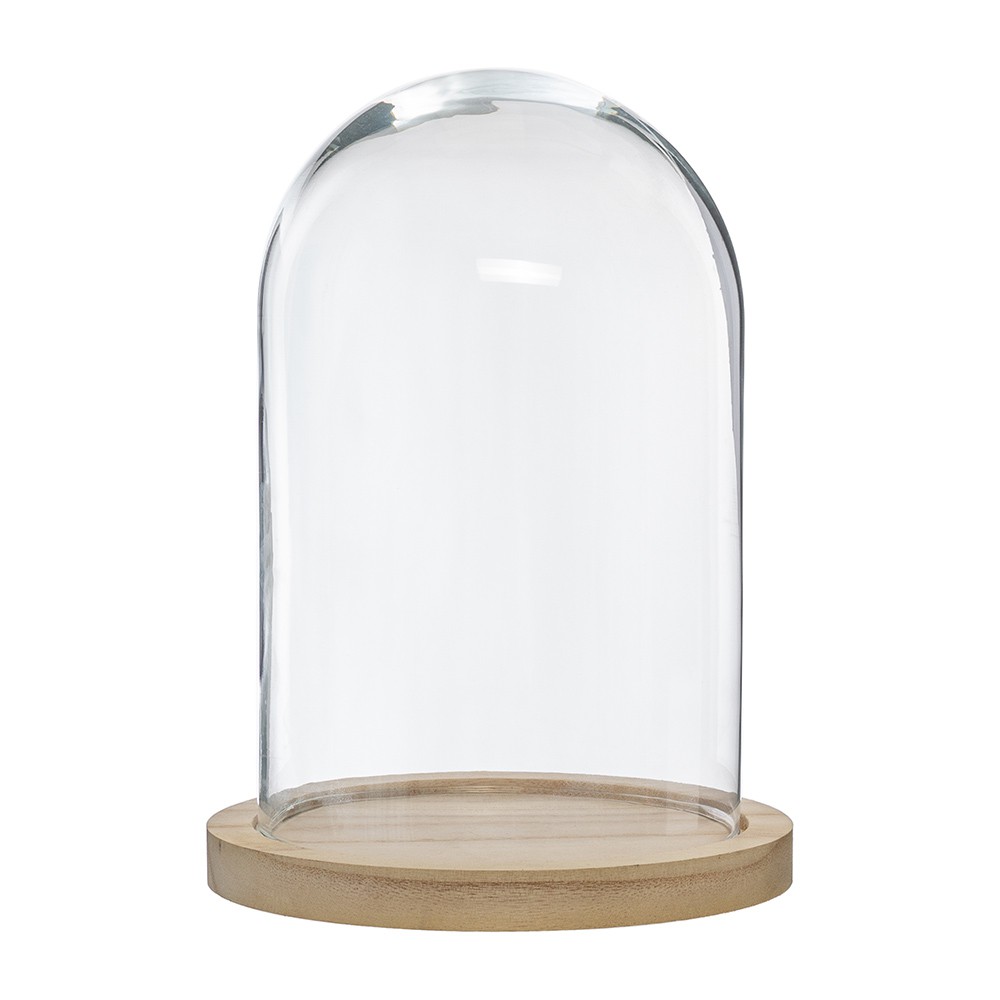 Cloche en verre avec plateau en bois, 15 cm de diamètre, Verre