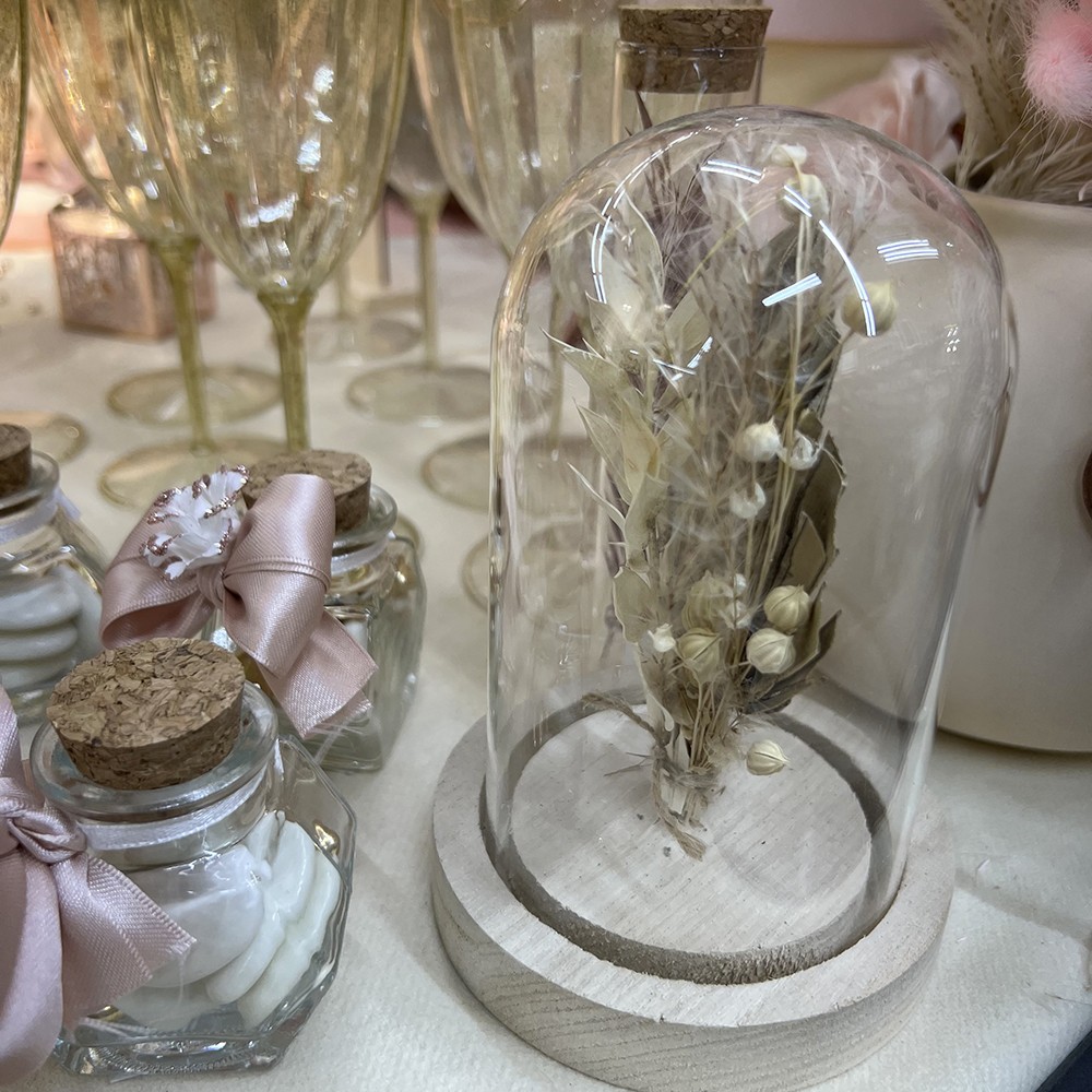 Cloche en verre sur fleurs sechées ecru/brun verre bois large - J-Line