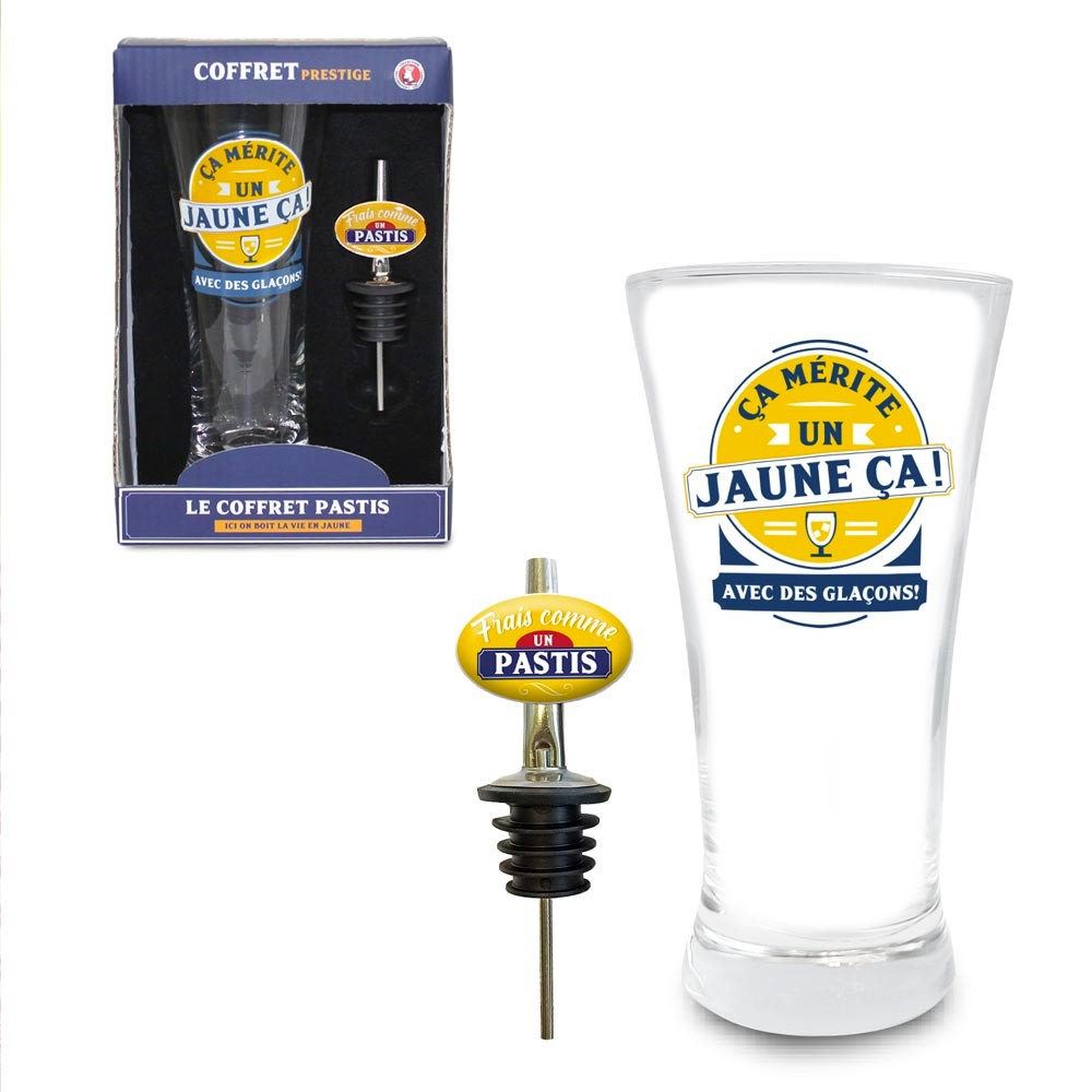 COFFRET PASTIS VERRE BEC VERSEUR MÉRITE UN JAUNE