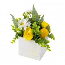 COMPO ARTIFICIELLE CITRON FLEUR POT BOIS 10X20CM