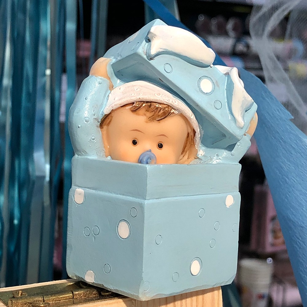 DÉCO FIGURINE BÉBÉ BOÎTE RÉSINE 8.5X4.5X3.3CM BLEU