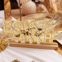 DÉCO TABLE BOIS ANNÉE PÉTILLANT 22X14X2.5CM OR