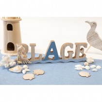 DÉCO TABLE BOIS PLAGE FILET COQUILLAGE 8X26X1.5CM