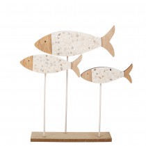 DÉCORATION 3 POISSONS SUR SOCLE BOIS 29X20CM SABLE