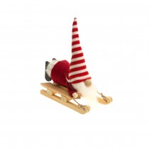 FIGURINE GNOME ALLONGÉ SUR LUGE BOIS 13X16CM ROUGE