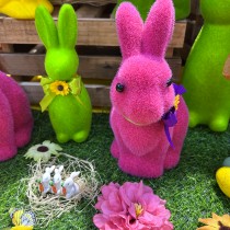 FIGURINE LAPIN ASSIS TISSU FLOQUÉ 12X21CM FUCHSIA