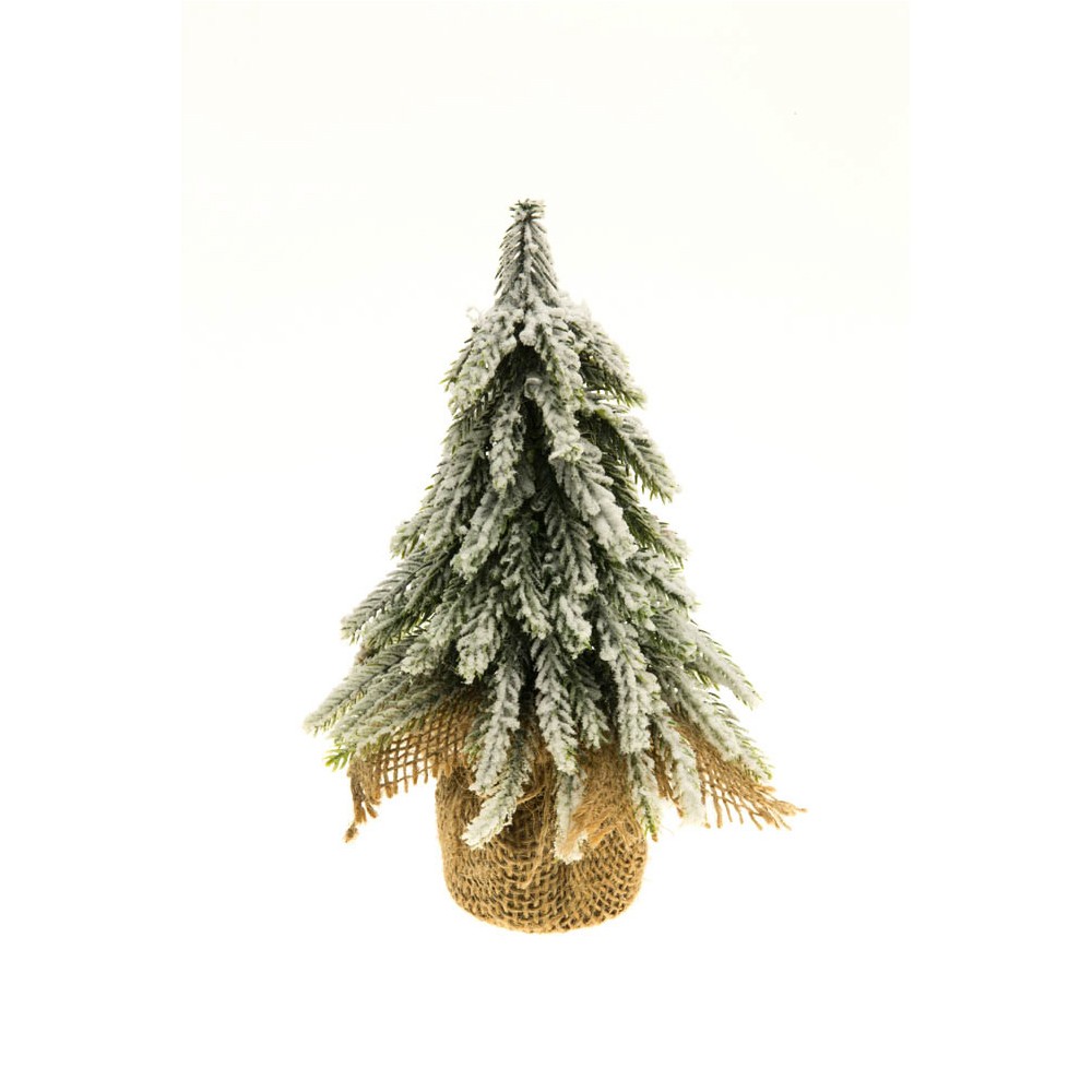 FIGURINE SAPIN ENNEIGÉ ARTIFICIEL SAC JUTE 20CM