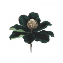 FLEUR MAGNOLIA VELOURS PAILLETTES 15X16CM VERT