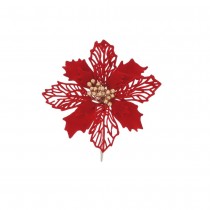 FLEUR POINSETTIA VELOURS PINCE 13X15.5CM ROUGE OR